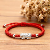 Red String Bracelet - Silver Pixiu for Wealth - Tibet Art