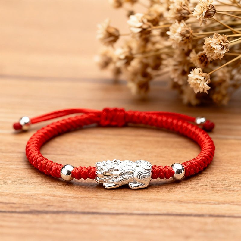 Red String Bracelet - Silver Pixiu for Wealth - Tibet Art