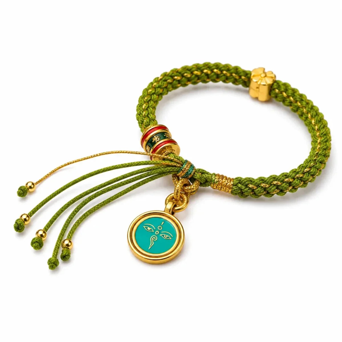 Tibetan Fortune Eye Braided Bracelet — Woven Lucky Cord with Dharma Eye Charm & Prayer Wheel Bead Tibet Art