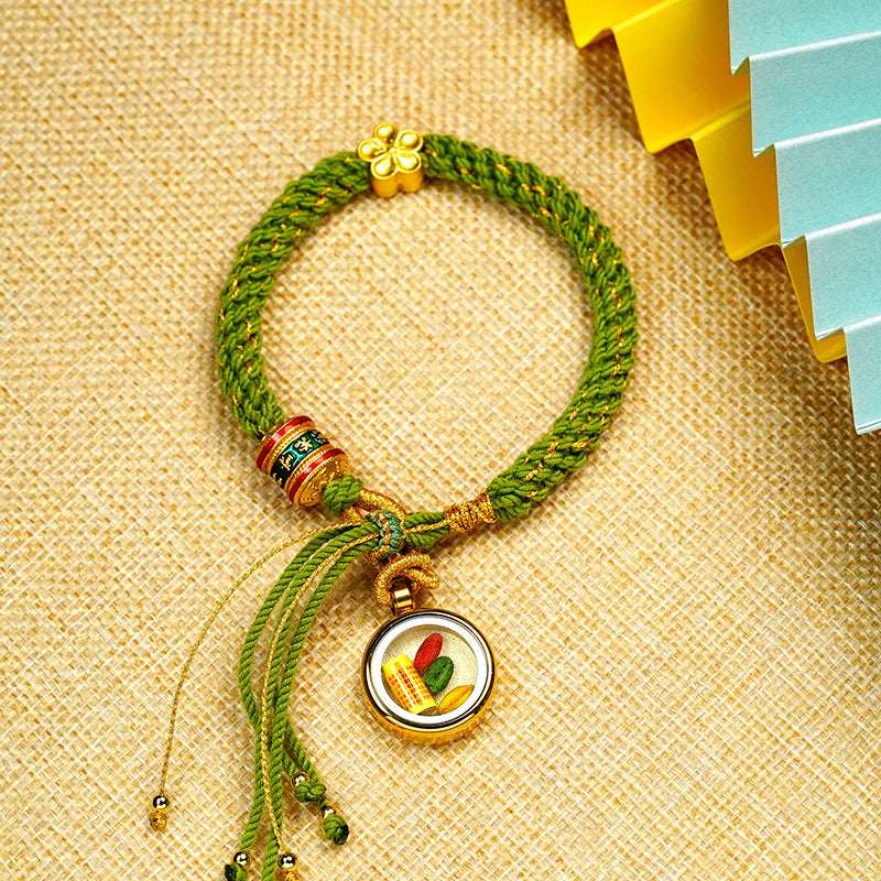 Tibetan Fortune Eye Braided Bracelet — Woven Lucky Cord with Dharma Eye Charm & Prayer Wheel Bead Tibet Art