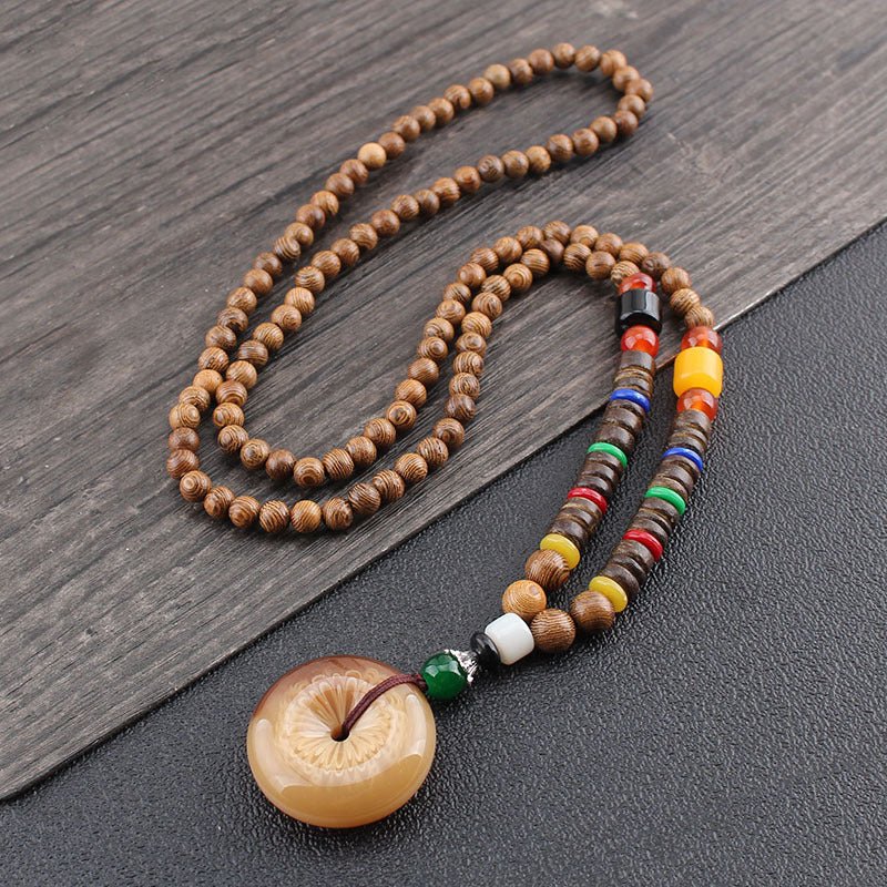 Tibetan Wood Bead Sweater Chain — Ethnic-Style Long Necklace - Small Resin Peace BuckleTibet Art