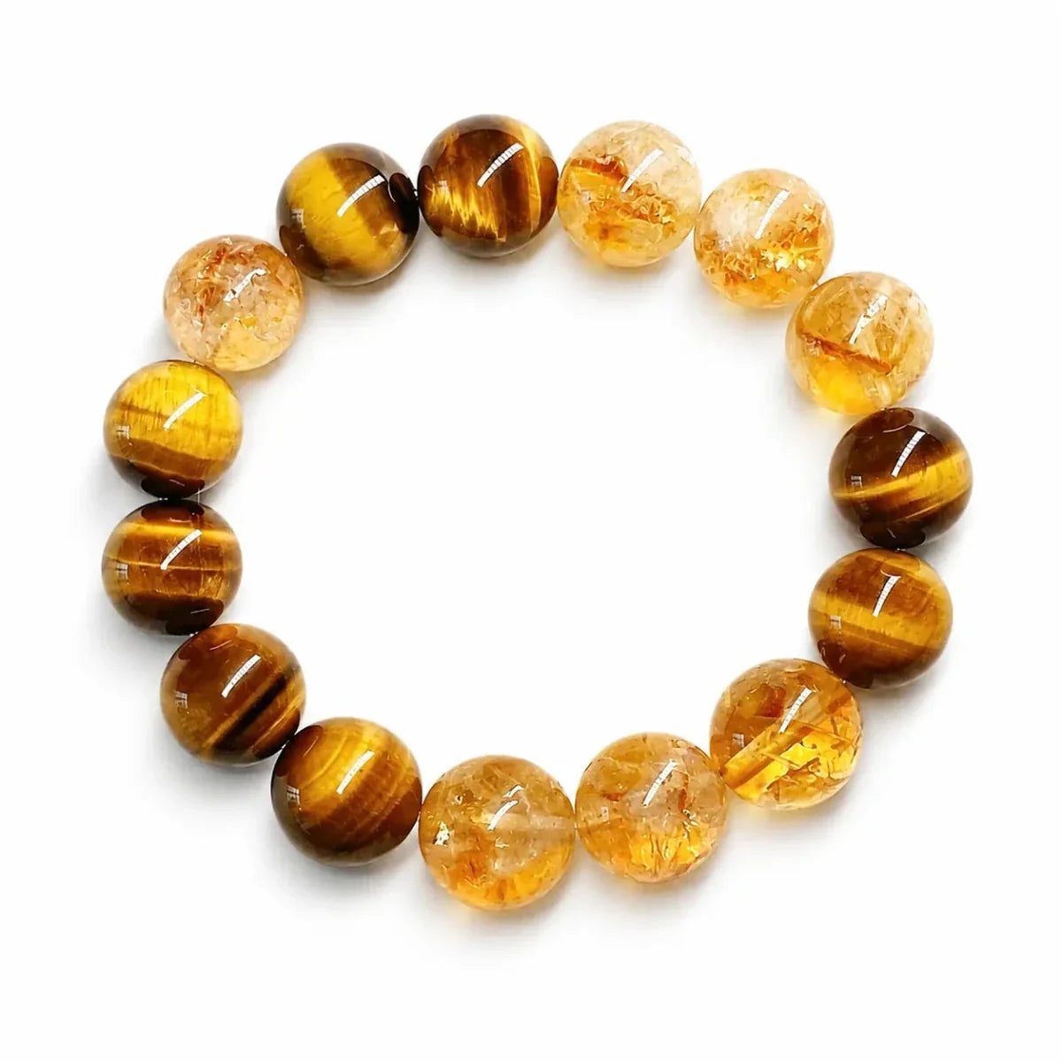 Citrine Bead Bracelet Collection — Original Designs With Tiger Eye, Pixiu & Strawberry Quartz - Tiger Eye & Citrine — 12mmTibet Art