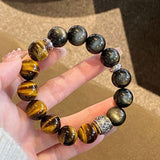 Tiger Eye and Sheen Obsidian Bracelet - Warm Contrast, Steady Focus - Silver Sheen Obsidian and Tiger Eye10mmTibet Art