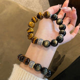 Tiger Eye and Sheen Obsidian Bracelet - Warm Contrast, Steady Focus - Silver Sheen Obsidian and Tiger Eye10mmTibet Art