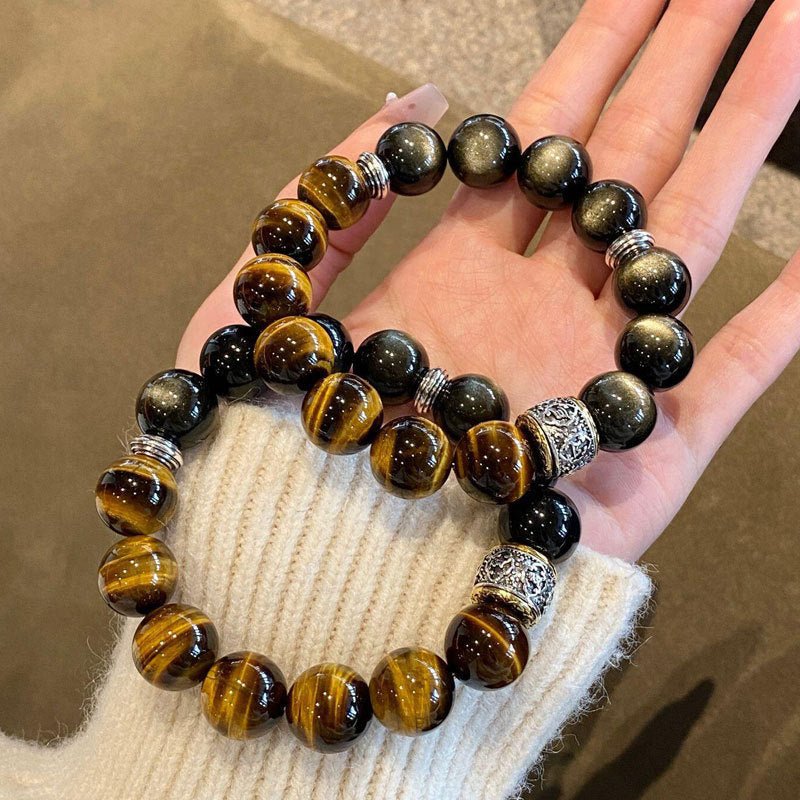 Tiger Eye and Sheen Obsidian Bracelet - Warm Contrast, Steady Focus - Silver Sheen Obsidian and Tiger Eye10mmTibet Art