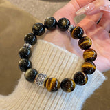 Tiger Eye and Sheen Obsidian Bracelet - Warm Contrast, Steady Focus - Silver Sheen Obsidian and Tiger Eye10mmTibet Art