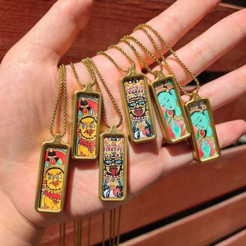 Tibetan Hand-Painted Thangka Pendant — Titanium Steel Frame with Chain, 14 Designs Tibet Art
