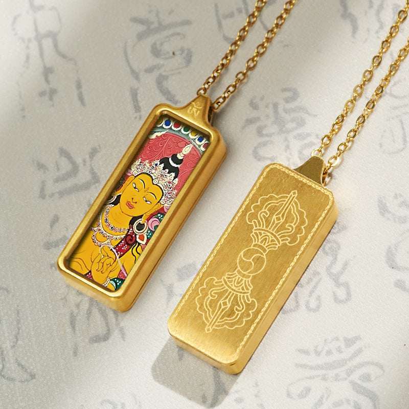 Tibetan Hand-Painted Thangka Pendant — Titanium Steel Frame with Chain, 14 Designs Tibet Art