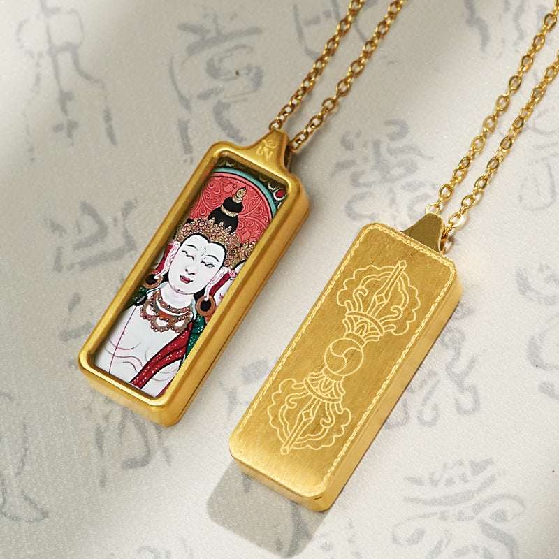 Tibetan Hand-Painted Thangka Pendant — Titanium Steel Frame with Chain, 14 Designs Tibet Art