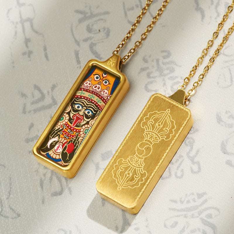 Tibetan Hand-Painted Thangka Pendant — Titanium Steel Frame with Chain, 14 Designs Tibet Art
