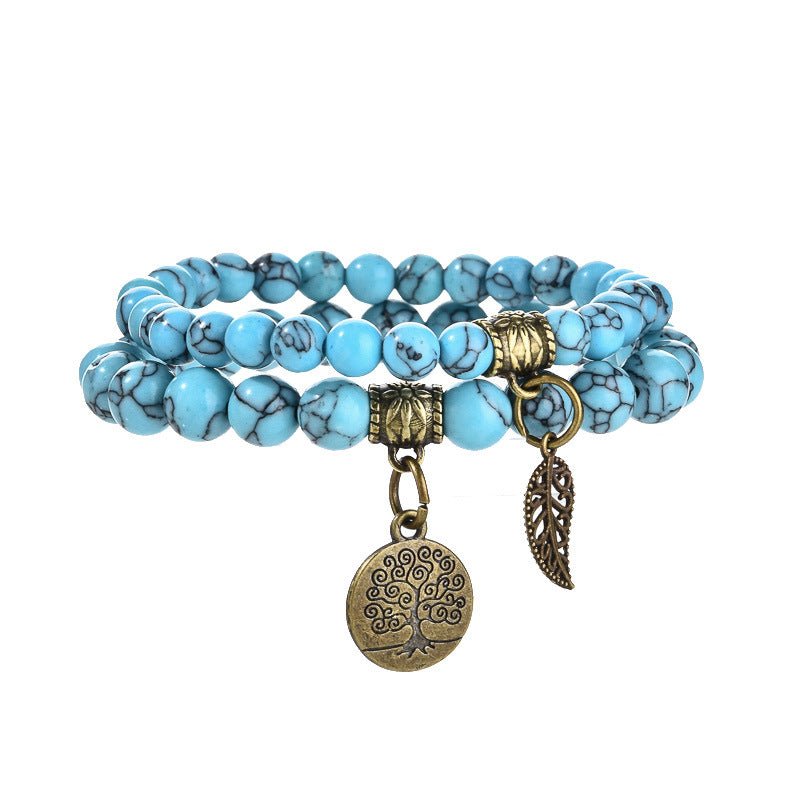 Tree of Life Chakra Bracelet — Tiger Eye & Amethyst Gemstone Set - Black Line Blue TurquoiseTibet Art