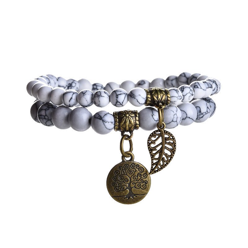 Tree of Life Chakra Bracelet — Tiger Eye & Amethyst Gemstone Set - Black Line White TurquoiseTibet Art