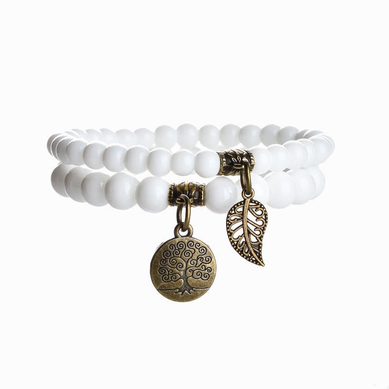 Tree of Life Chakra Bracelet — Tiger Eye & Amethyst Gemstone Set - Porcelain WhiteTibet Art