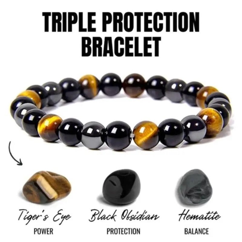 Triple Protection Bracelet — Obsidian, Tiger Eye & Hematite - Tibet Art