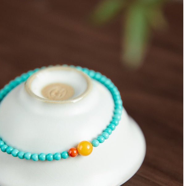 Turquoise 3mm Bead Bracelet - Fine Layers of Color - Single LoopTibet Art