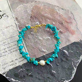 Turquoise Chip and Freshwater Pearl Bracelet - Bright Blue, Soft Luster - Blue Chip and Pearl BraceletTibet Art