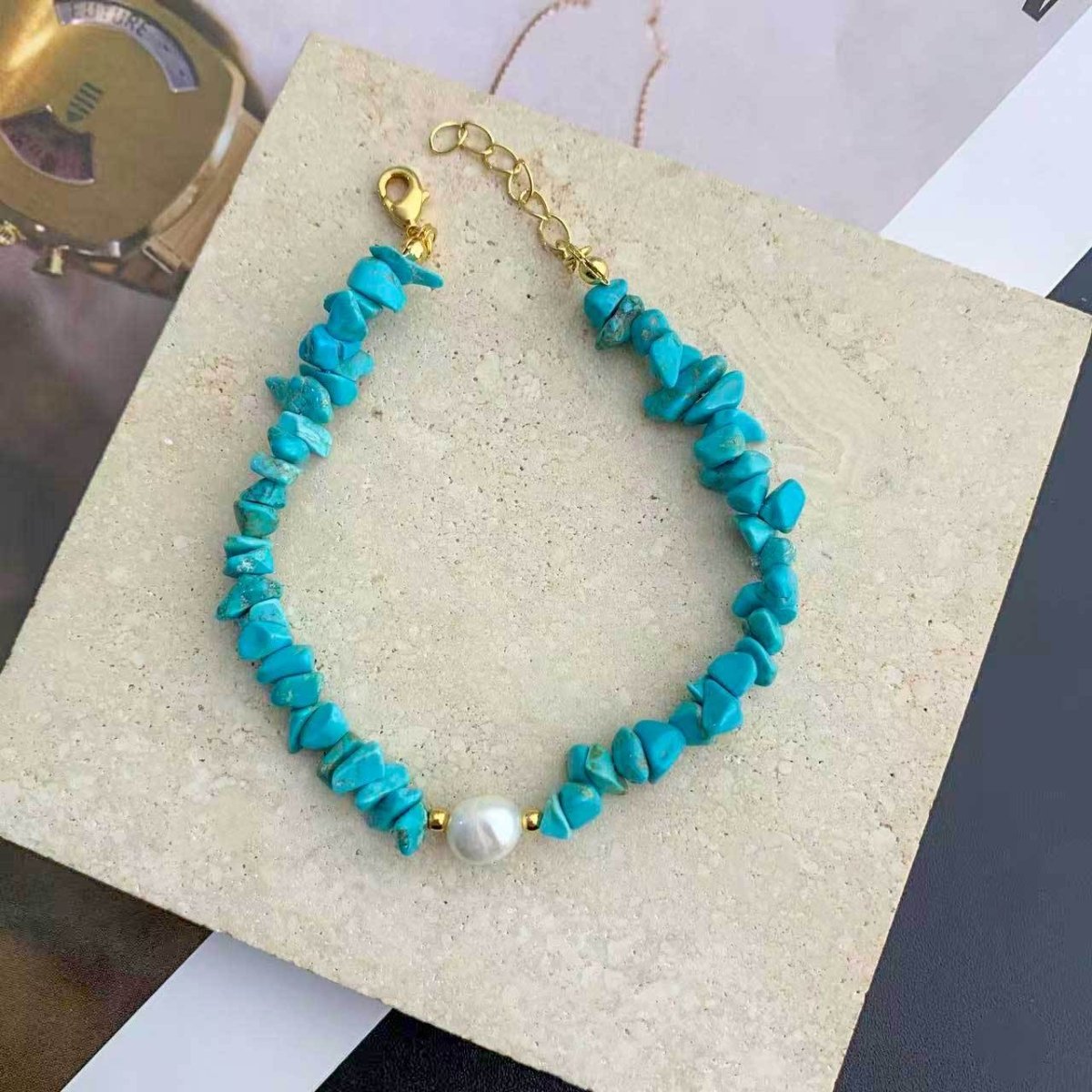 Turquoise Chip and Freshwater Pearl Bracelet - Bright Blue, Soft Luster - Blue Chip and Pearl BraceletTibet Art