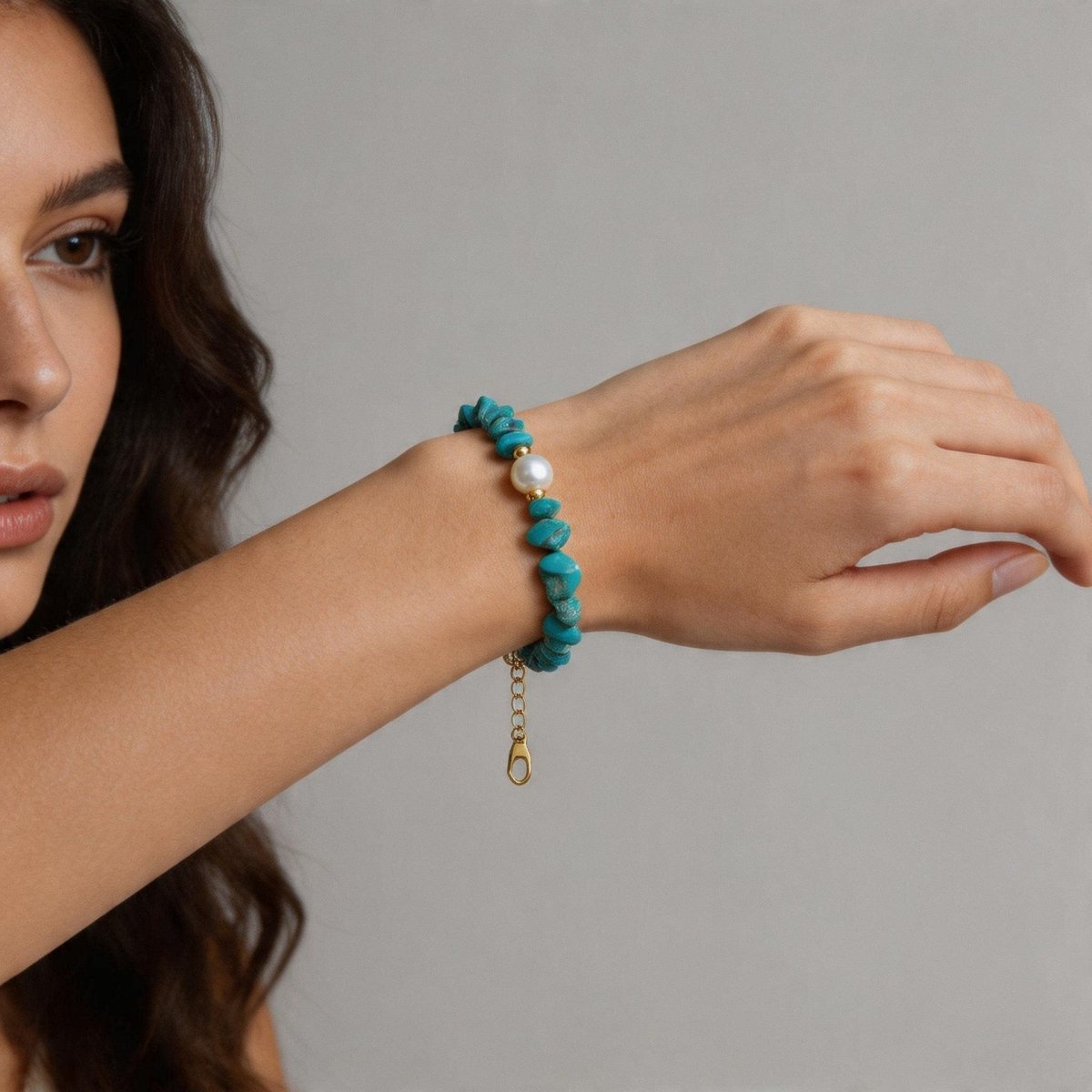 Turquoise Chip and Freshwater Pearl Bracelet - Bright Blue, Soft Luster - Blue Chip and Pearl BraceletTibet Art
