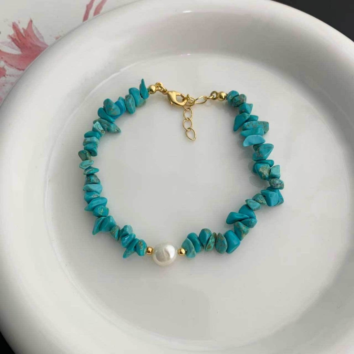 Turquoise Chip and Freshwater Pearl Bracelet - Bright Blue, Soft Luster - Blue Chip and Pearl BraceletTibet Art