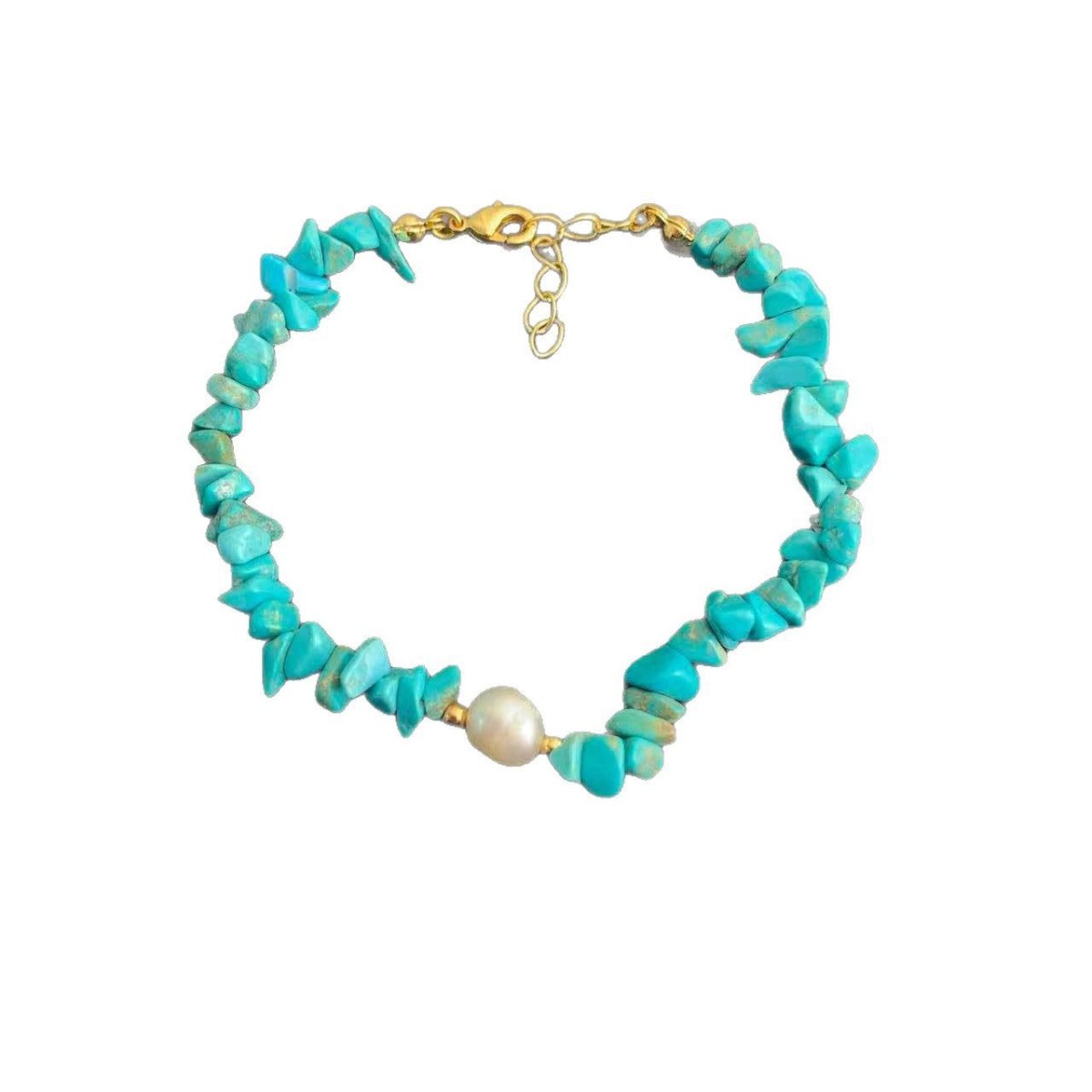 Turquoise Chip and Freshwater Pearl Bracelet - Bright Blue, Soft Luster - Blue Chip and Pearl BraceletTibet Art