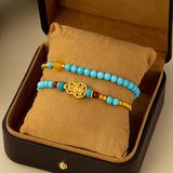 Turquoise Gourd Bracelet with Gold Beads — Double-Strand Feng Shui Charm - Gourd BraceletTibet Art