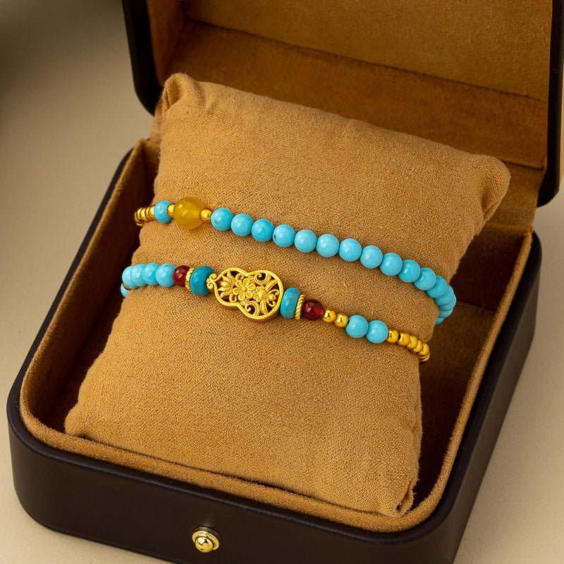 Turquoise Gourd Bracelet with Gold Beads — Double-Strand Feng Shui Charm - Gourd BraceletTibet Art