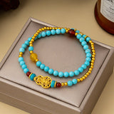 Turquoise Gourd Bracelet with Gold Beads — Double-Strand Feng Shui Charm - Gourd BraceletTibet Art