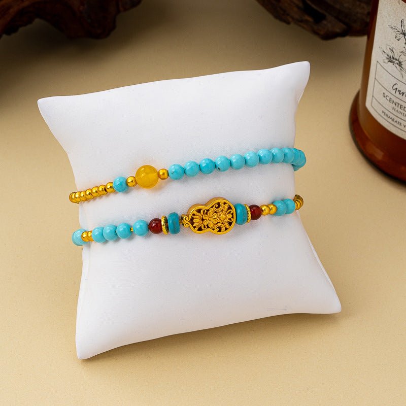 Turquoise Gourd Bracelet with Gold Beads — Double-Strand Feng Shui Charm - Gourd BraceletTibet Art