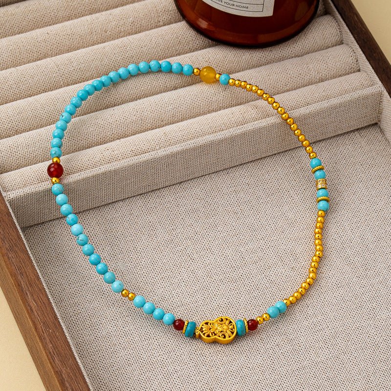 Turquoise Gourd Bracelet with Gold Beads — Double-Strand Feng Shui Charm - Gourd BraceletTibet Art
