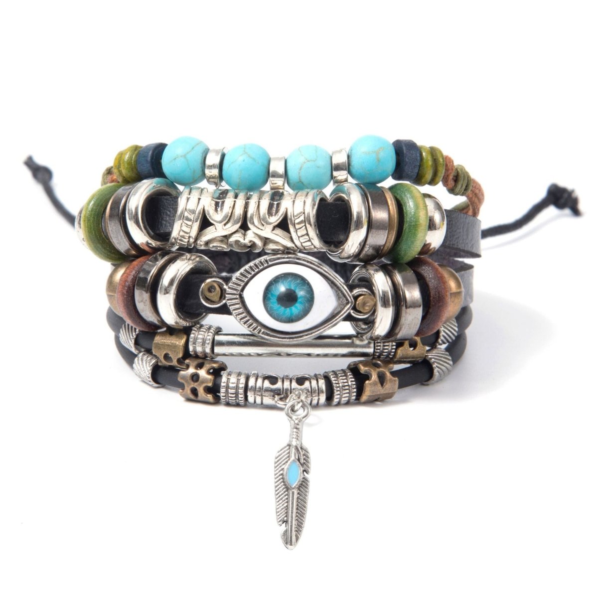 Turquoise Evil Eye Leather Wrap Bracelet - Layered Protection - Style 1Tibet Art
