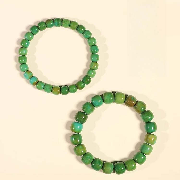 Turquoise Thousand Li Landscape Bracelet - Carved Barrel Beads, Mountain Motif - Thousand Li Landscape Turquoise BraceletTibet Art