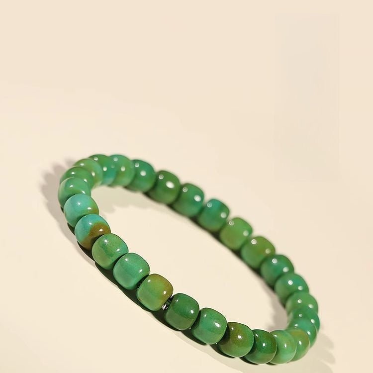 Turquoise Thousand Li Landscape Bracelet - Carved Barrel Beads, Mountain Motif - Thousand Li Landscape Turquoise BraceletTibet Art