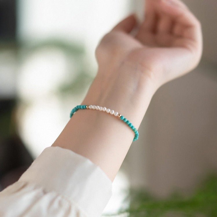 Turquoise & Pearl Single-Strand Bracelet — Chinese Wenwan Style, Daily Wear - Universal FitTibet Art
