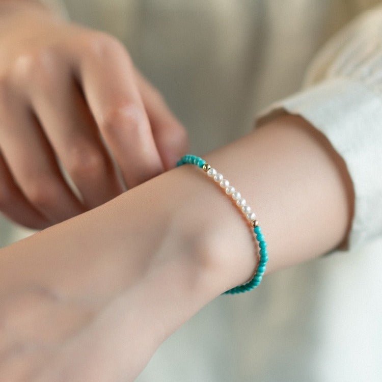 Turquoise & Pearl Single-Strand Bracelet — Chinese Wenwan Style, Daily Wear - Universal FitTibet Art