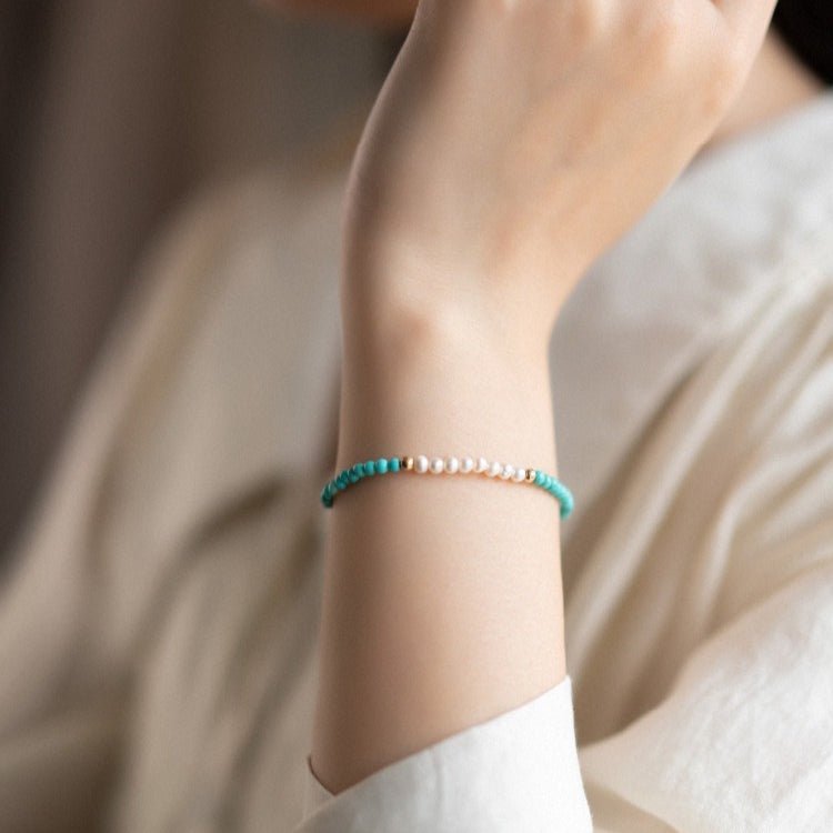 Turquoise & Pearl Single-Strand Bracelet — Chinese Wenwan Style, Daily Wear - Universal FitTibet Art