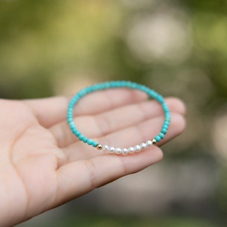 Turquoise & Pearl Single-Strand Bracelet — Chinese Wenwan Style, Daily Wear - Universal FitTibet Art