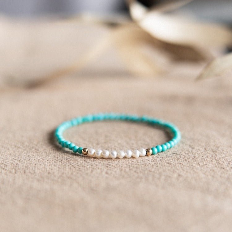 Turquoise & Pearl Single-Strand Bracelet — Chinese Wenwan Style, Daily Wear - Universal FitTibet Art