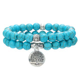 Turquoise Bead Bracelet Set with Tree of Life Pendant — Two Pieces, One Wrist - Turquoise SetTibet Art