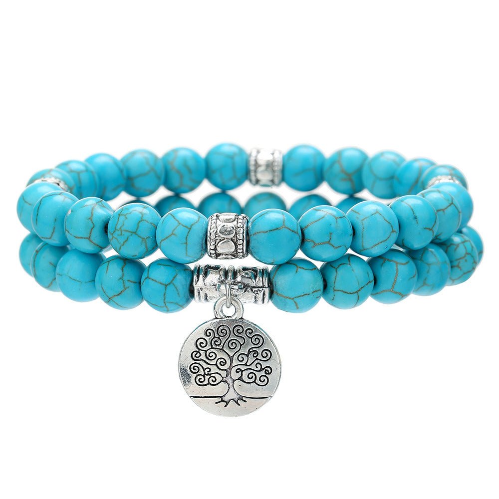 Turquoise Bead Bracelet Set with Tree of Life Pendant — Two Pieces, One Wrist - Turquoise SetTibet Art
