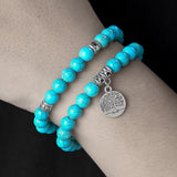 Turquoise Bead Bracelet Set with Tree of Life Pendant — Two Pieces, One Wrist - Turquoise SetTibet Art