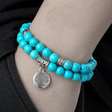 Turquoise Bead Bracelet Set with Tree of Life Pendant — Two Pieces, One Wrist - Turquoise SetTibet Art