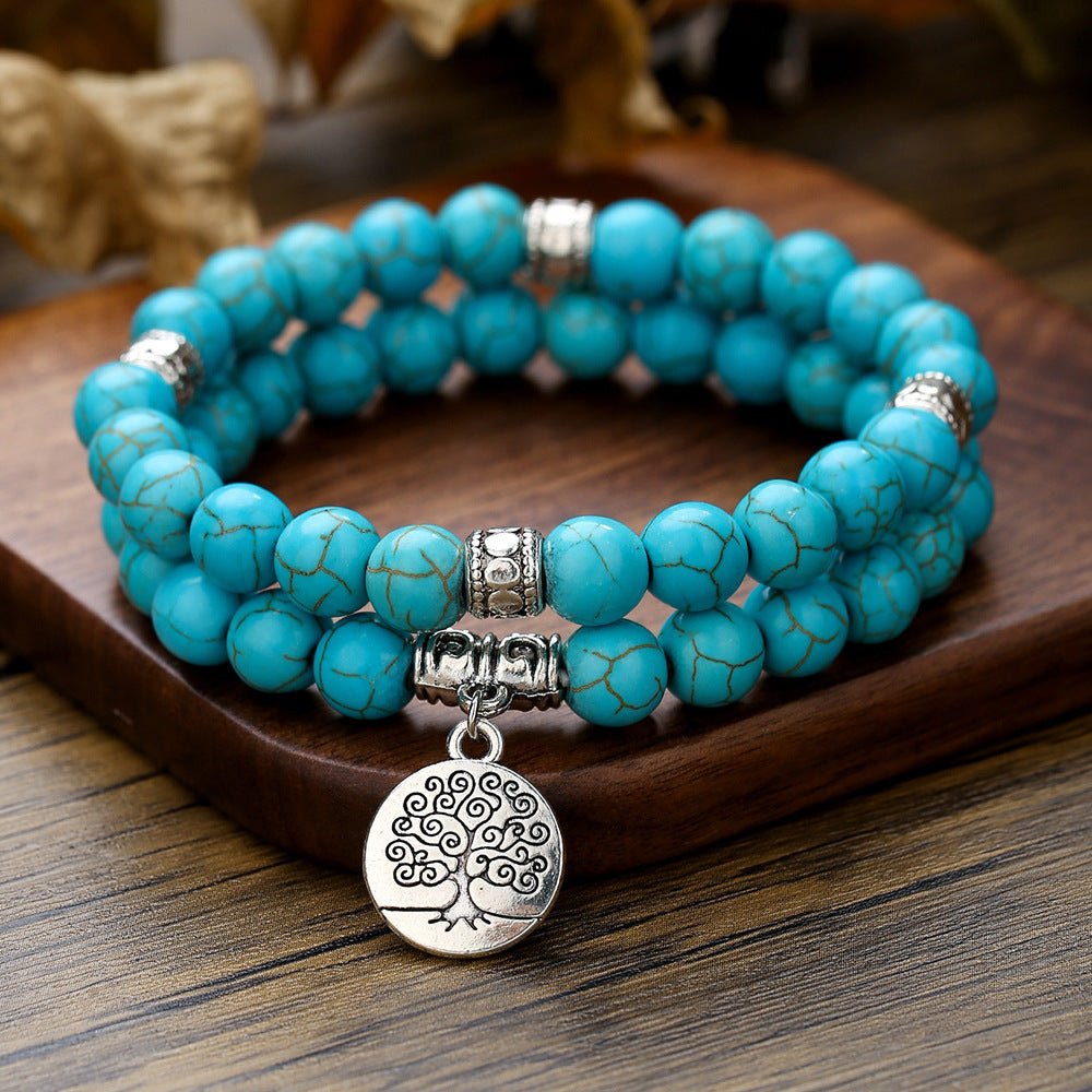 Turquoise Bead Bracelet Set with Tree of Life Pendant — Two Pieces, One Wrist - Turquoise SetTibet Art
