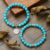 Turquoise Bead Bracelet Set with Tree of Life Pendant — Two Pieces, One Wrist - Turquoise SetTibet Art