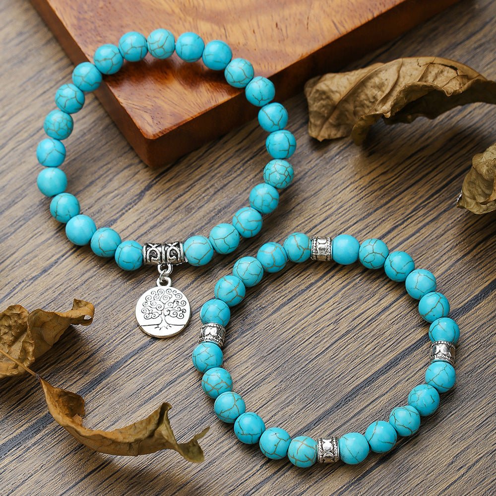 Turquoise Bead Bracelet Set with Tree of Life Pendant — Two Pieces, One Wrist - Turquoise SetTibet Art