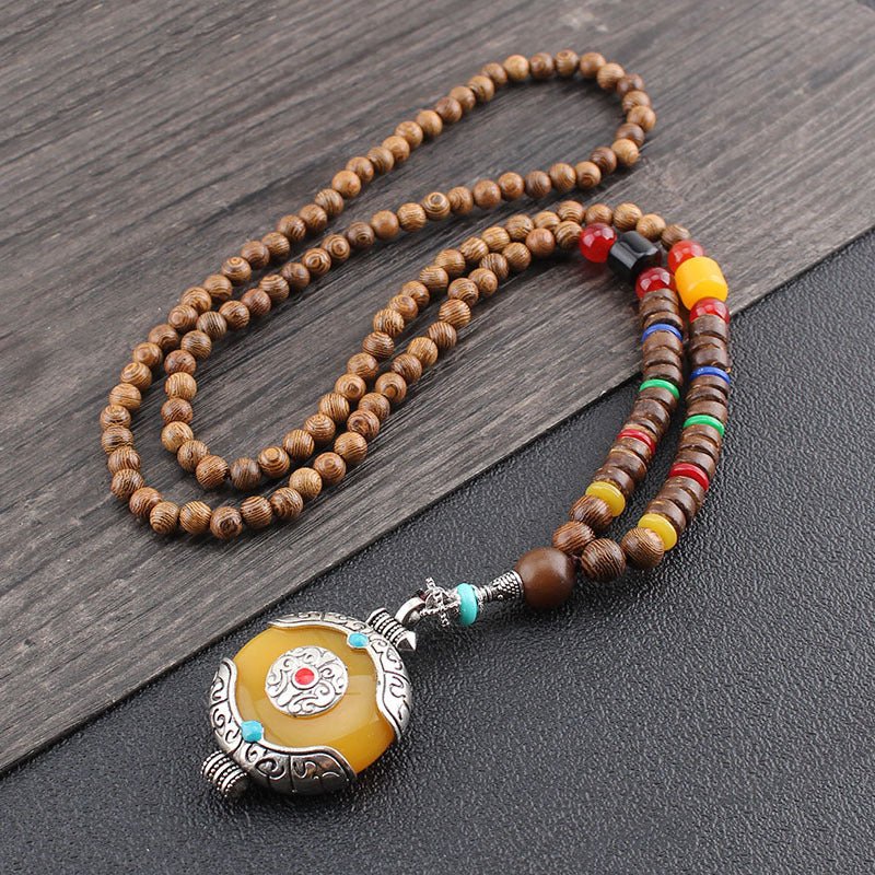 Tibetan Wood Bead Sweater Chain — Ethnic-Style Long Necklace - Yellow Peace CharmTibet Art