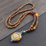 Tibetan Wood Bead Sweater Chain — Ethnic-Style Long Necklace - Yellow Peace CharmTibet Art