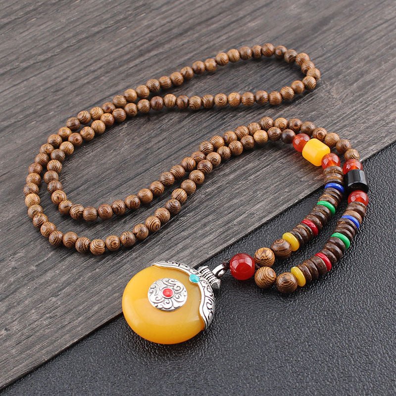 Tibetan Wood Bead Sweater Chain — Ethnic-Style Long Necklace - Tibetan Yellow Peace BuckleTibet Art