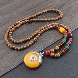 Tibetan Wood Bead Sweater Chain — Ethnic-Style Long Necklace - Tibetan Yellow Peace BuckleTibet Art