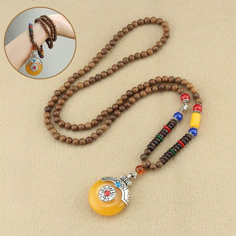 Tibetan Wood Bead Sweater Chain — Ethnic-Style Long Necklace - Tibetan Yellow Buckle (Elastic)Tibet Art