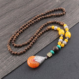 Tibetan Wood Bead Sweater Chain — Ethnic-Style Long Necklace - Clear Ice DropTibet Art